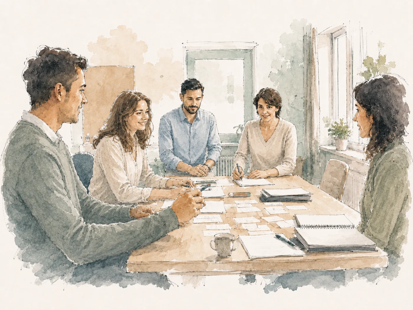 Équipe pluridisciplinaire réunie autour d'une table de travail.